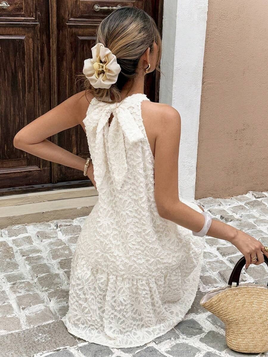 Off-White Floral Textured Halter Neck Dress with Back Bow