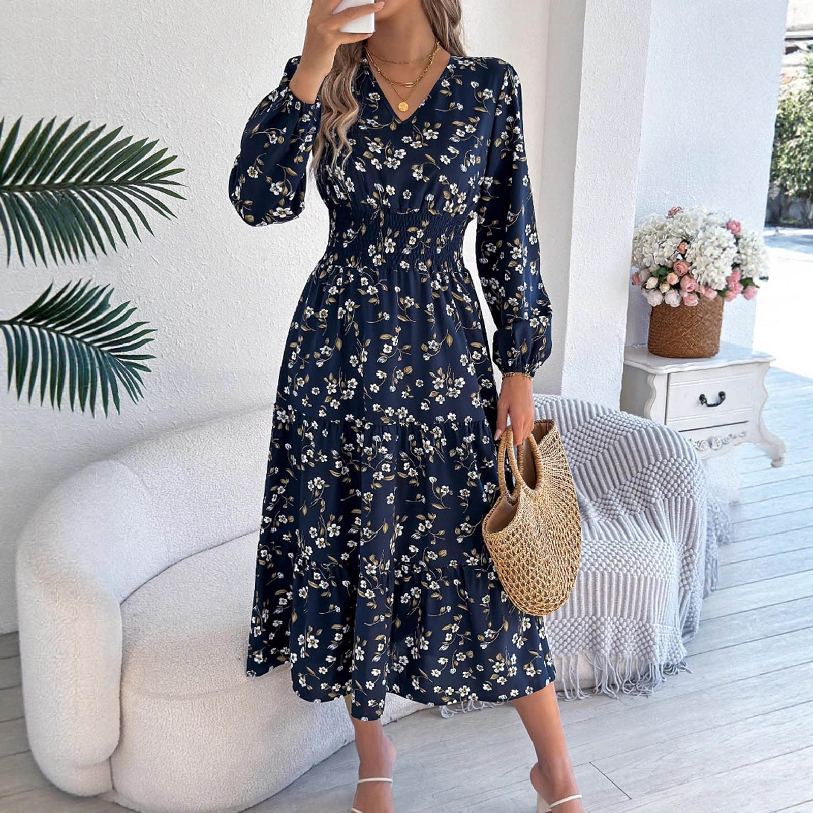 Navy Blue Floral Print Smocked Waist V-Neck Long Sleeve Maxi Dress