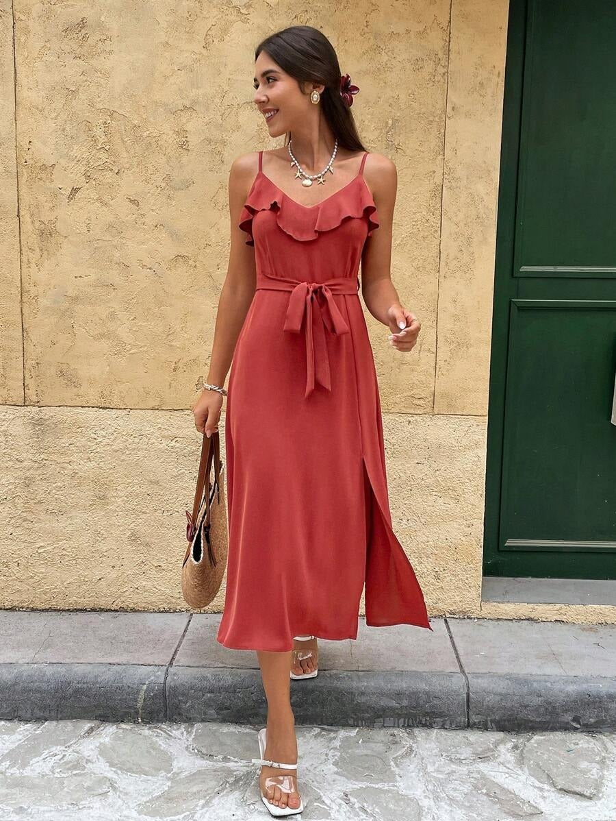 Rust Red Ruffle Slip Midi Dress