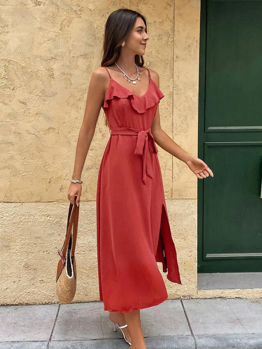 Rust Red Ruffle Slip Midi Dress
