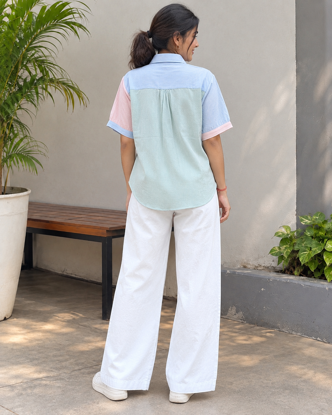 Pastel Color Block Shirt with White Wide-Leg Pants Co-ord Set