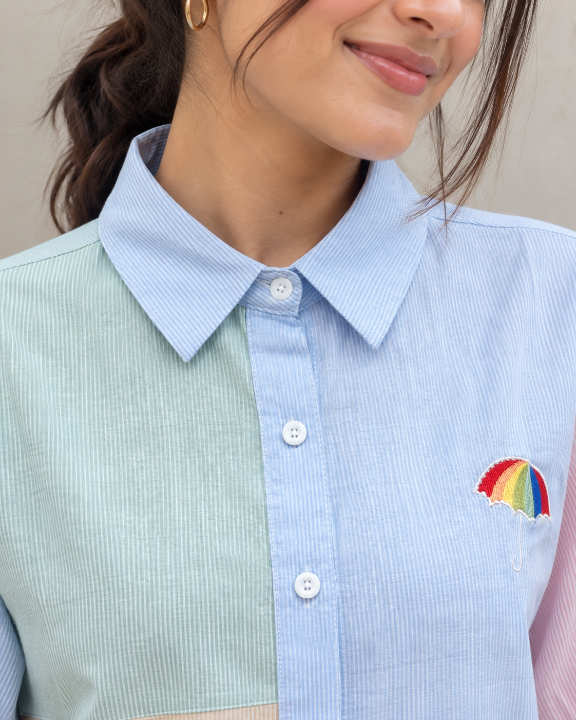 Pastel Color Block Shirt with White Wide-Leg Pants Co-ord Set