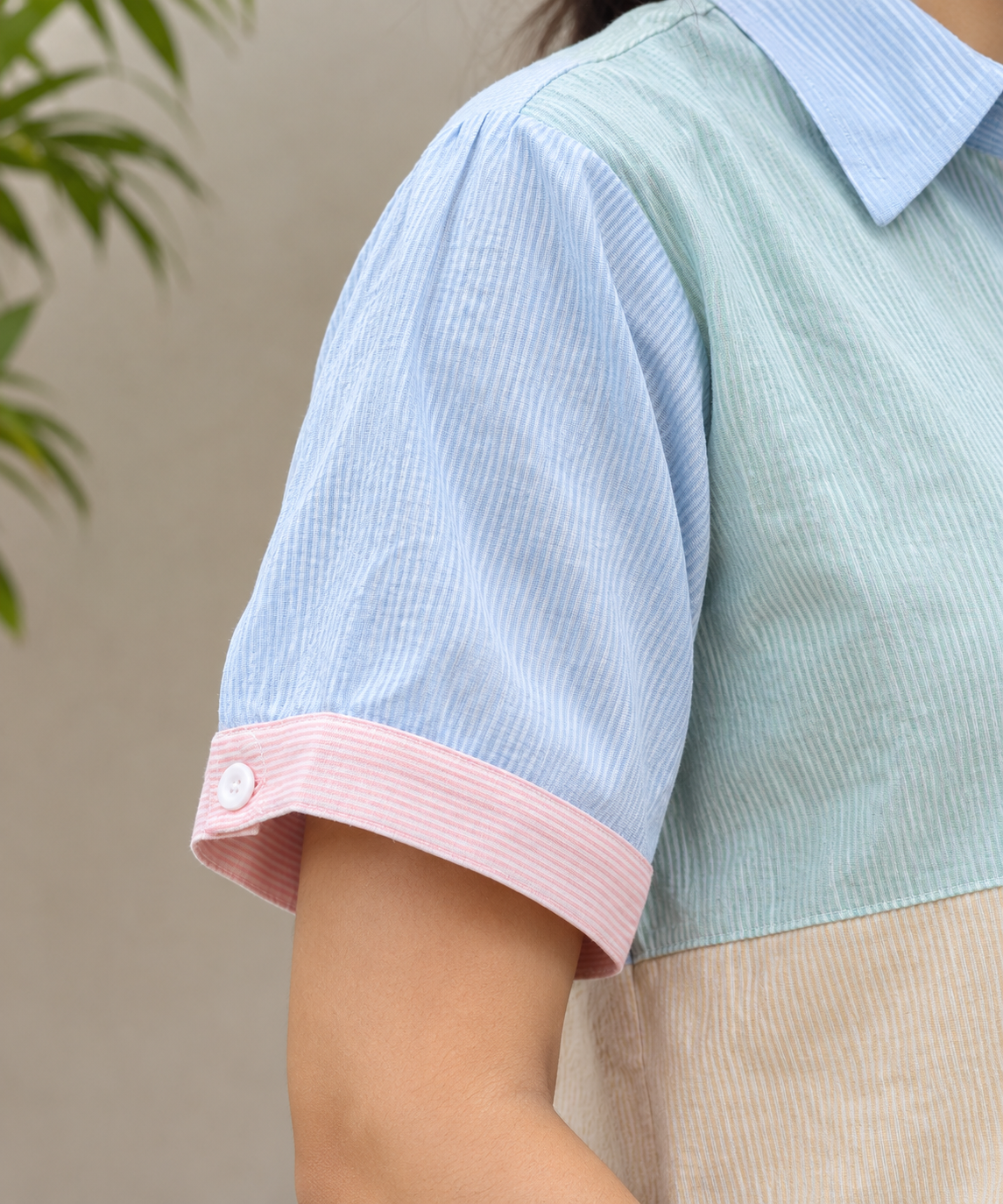 Pastel Color Block Shirt with White Wide-Leg Pants Co-ord Set
