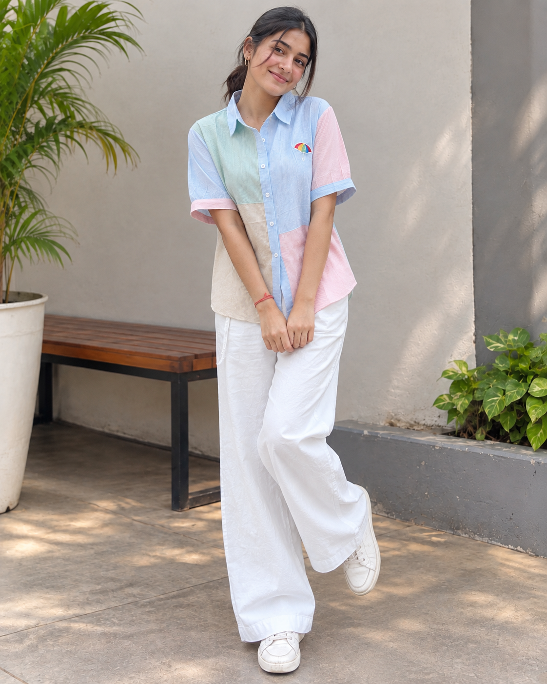 Pastel Color Block Shirt with White Wide-Leg Pants Co-ord Set