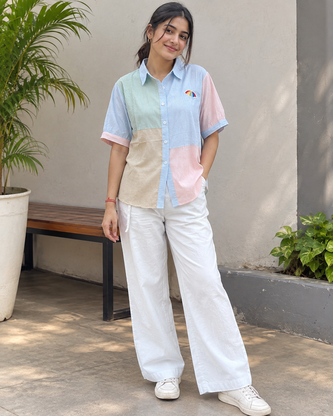 Pastel Color Block Shirt with White Wide-Leg Pants Co-ord Set
