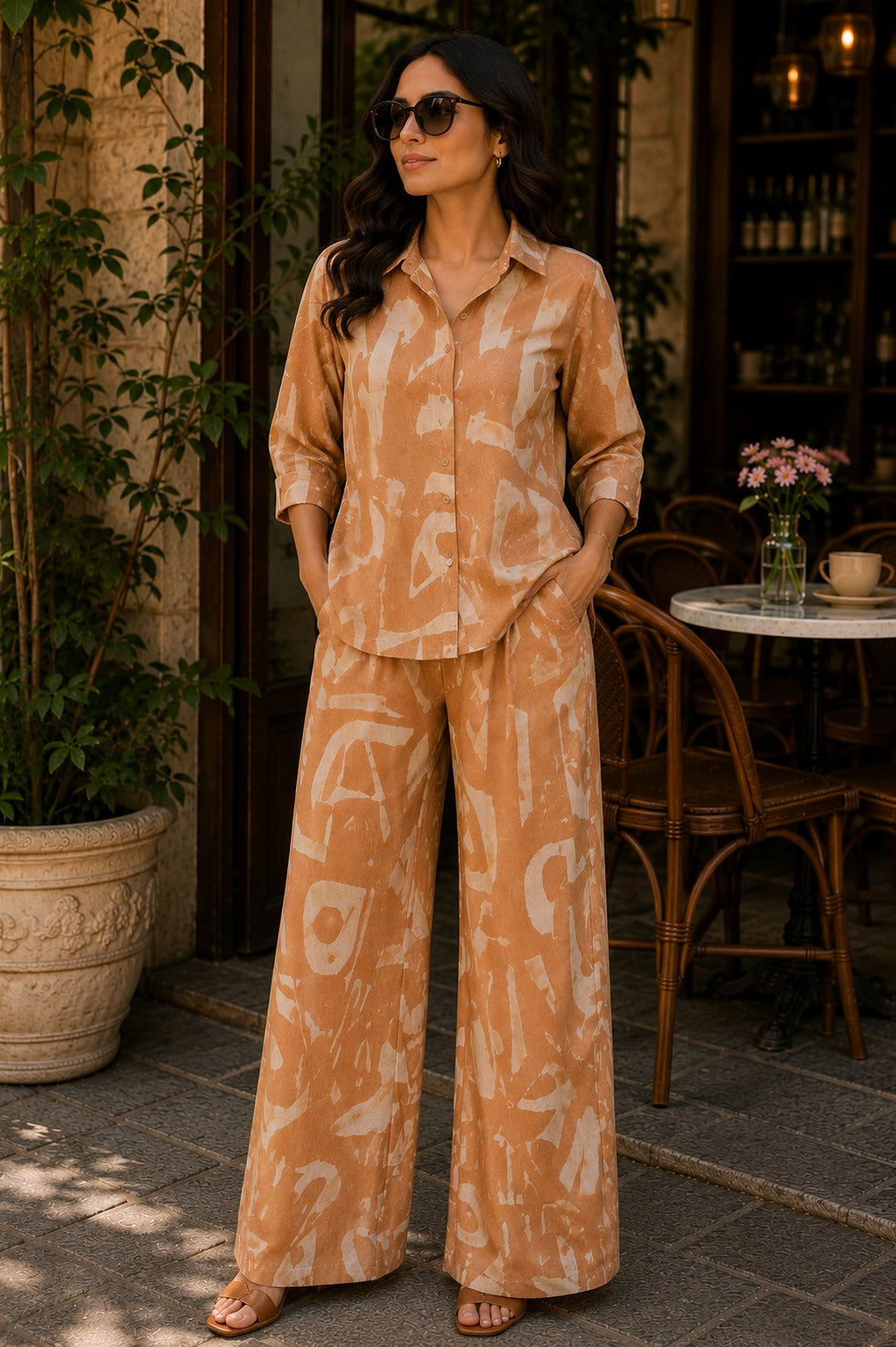 Women Beige Abstract Print Shirt & Wide-Leg Co-Ord Set