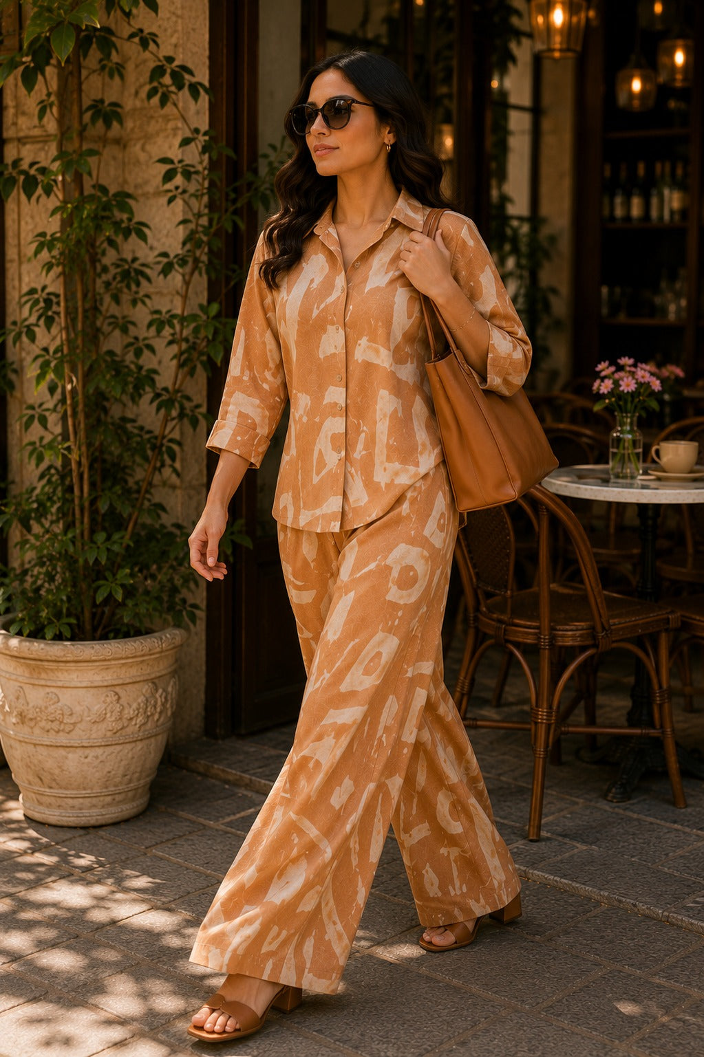 Women Beige Abstract Print Shirt & Wide-Leg Co-Ord Set