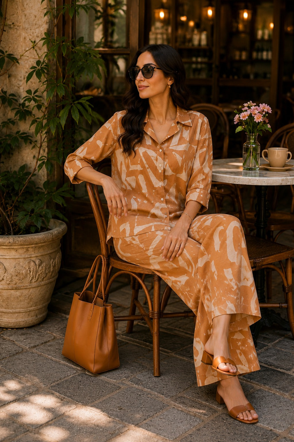 Women Beige Abstract Print Shirt & Wide-Leg Co-Ord Set