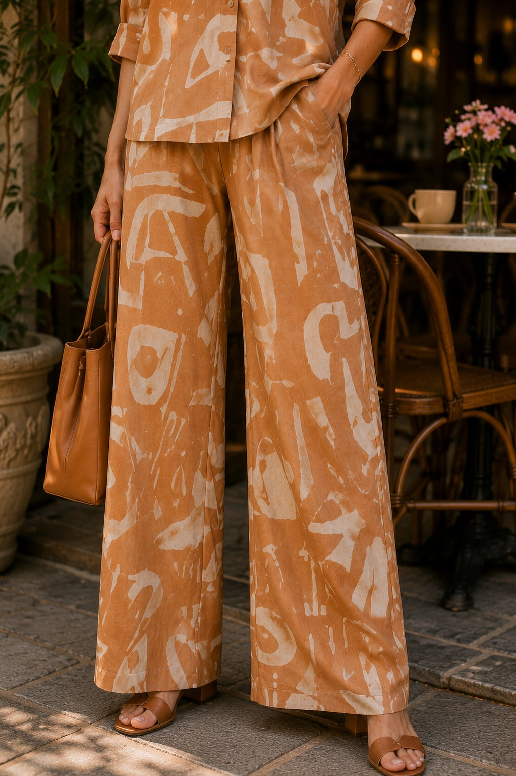 Women Beige Abstract Print Shirt & Wide-Leg Co-Ord Set