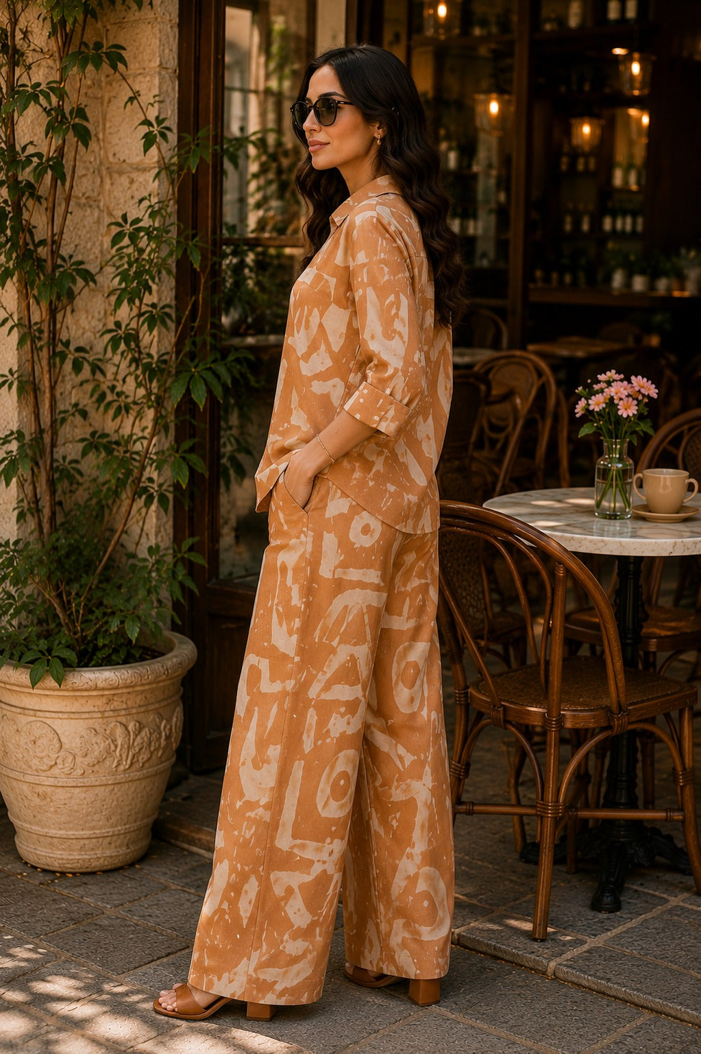 Women Beige Abstract Print Shirt & Wide-Leg Co-Ord Set