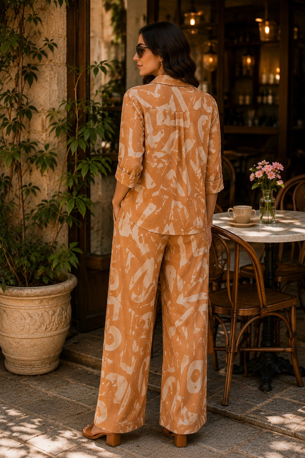 Women Beige Abstract Print Shirt & Wide-Leg Co-Ord Set