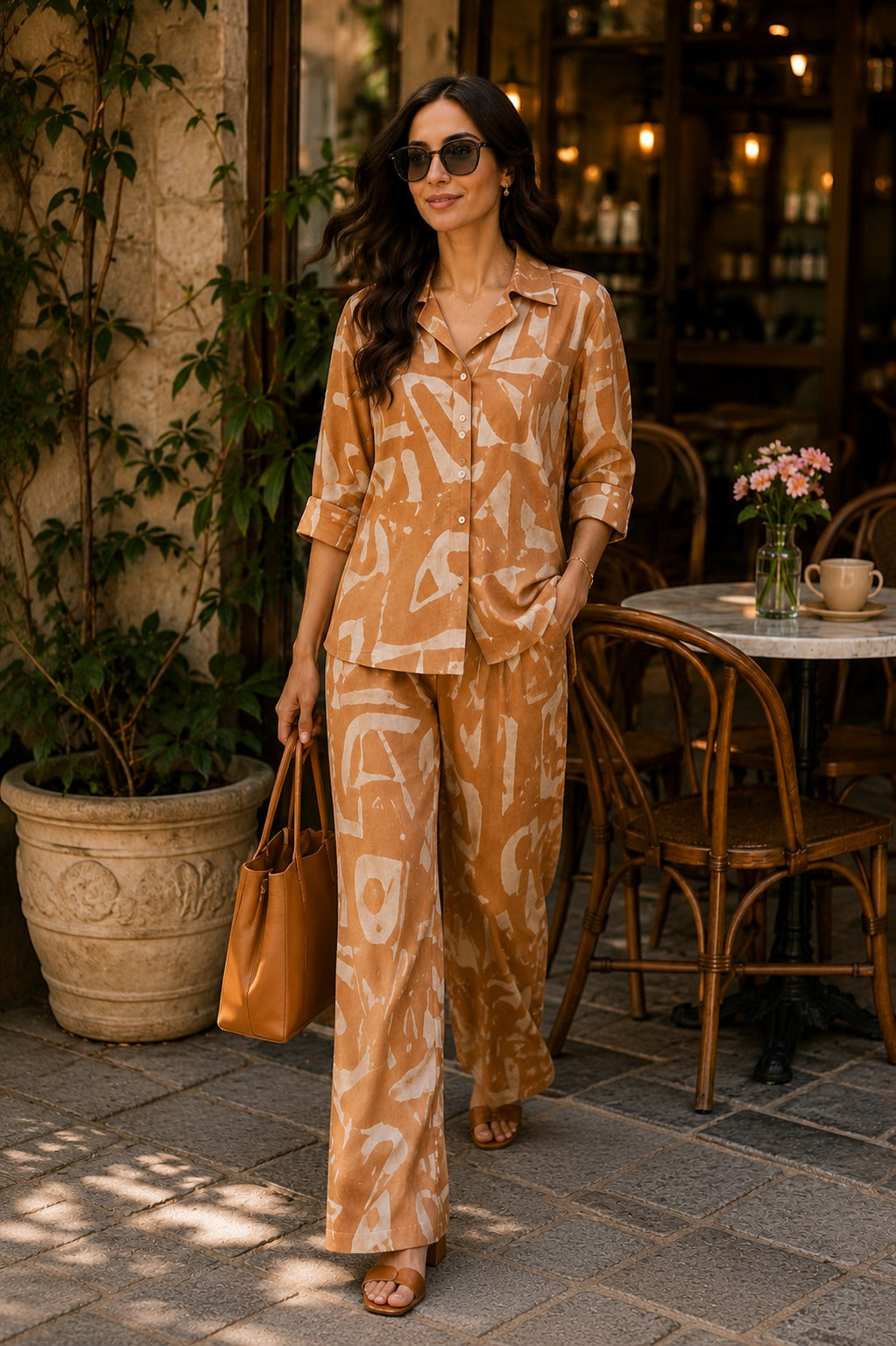 Women Beige Abstract Print Shirt & Wide-Leg Co-Ord Set