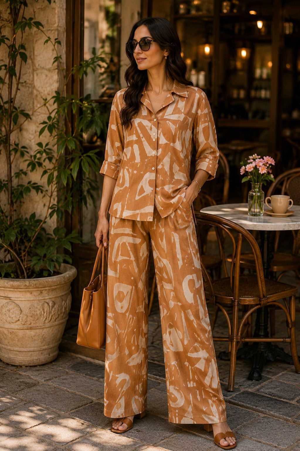 Women Beige Abstract Print Shirt & Wide-Leg Co-Ord Set