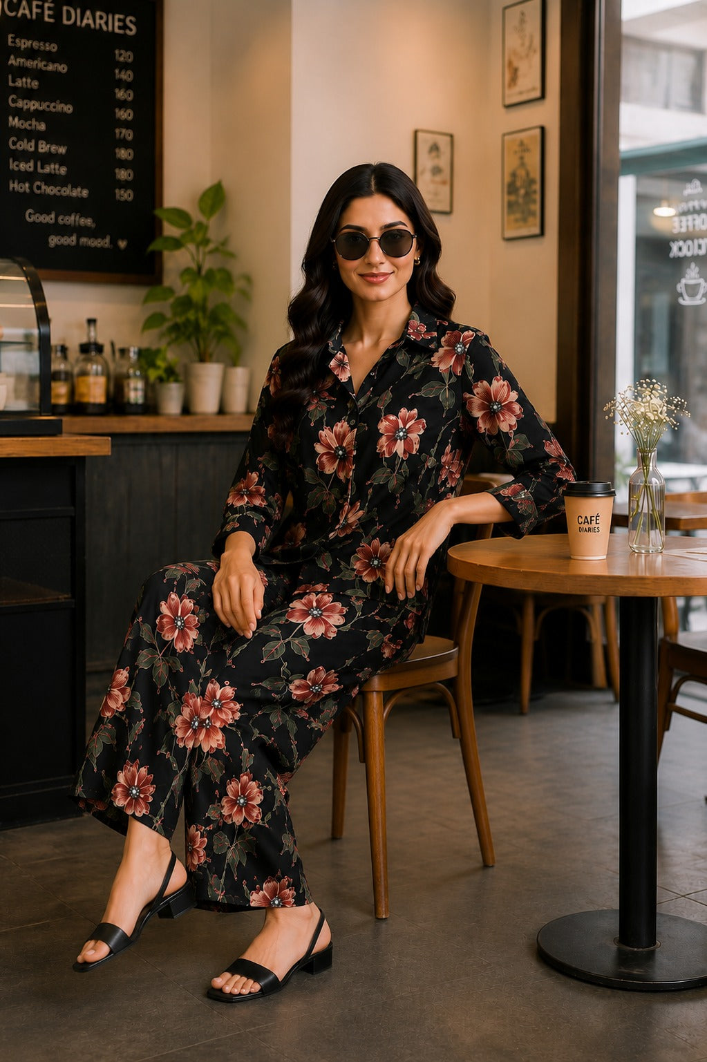 Black Garden Floral Shirt & Palazzo Co-Ord Set