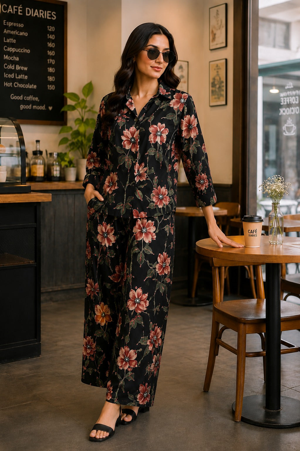 Black Garden Floral Shirt & Palazzo Co-Ord Set