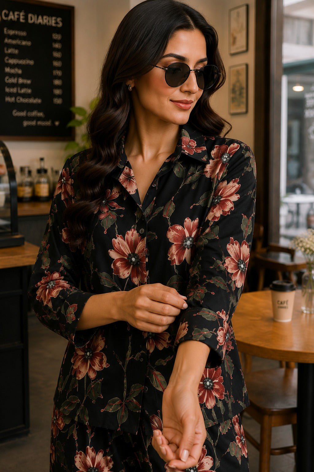Black Garden Floral Shirt & Palazzo Co-Ord Set