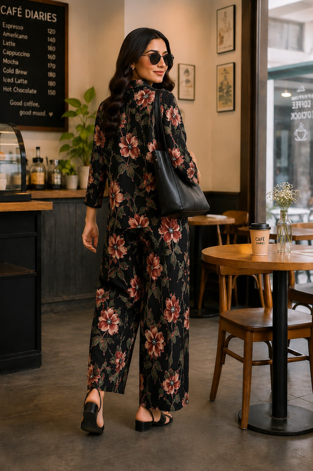 Black Garden Floral Shirt & Palazzo Co-Ord Set