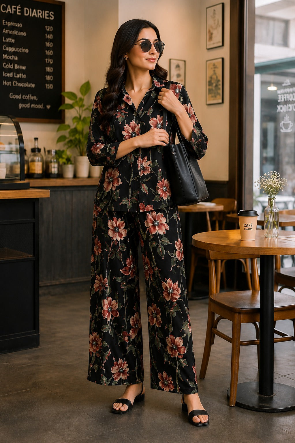 Black Garden Floral Shirt & Palazzo Co-Ord Set