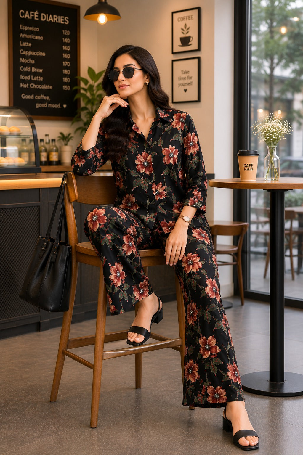 Black Garden Floral Shirt & Palazzo Co-Ord Set