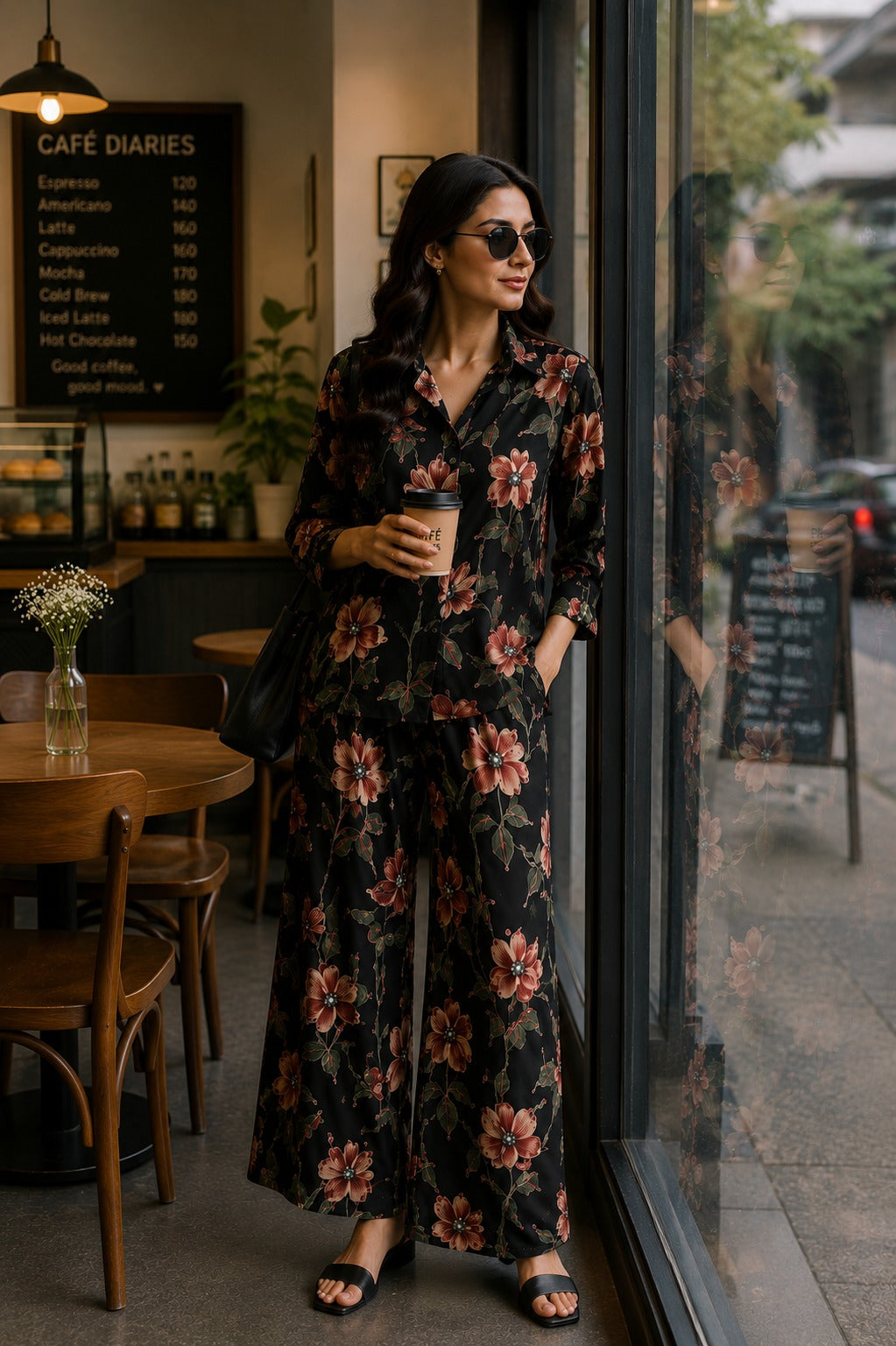 Black Garden Floral Shirt & Palazzo Co-Ord Set
