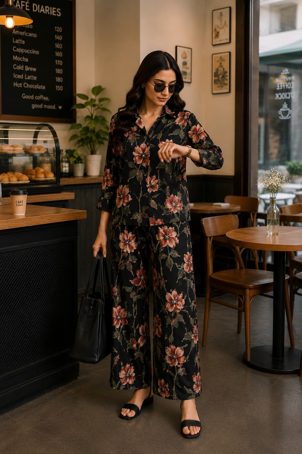 Black Garden Floral Shirt & Palazzo Co-Ord Set
