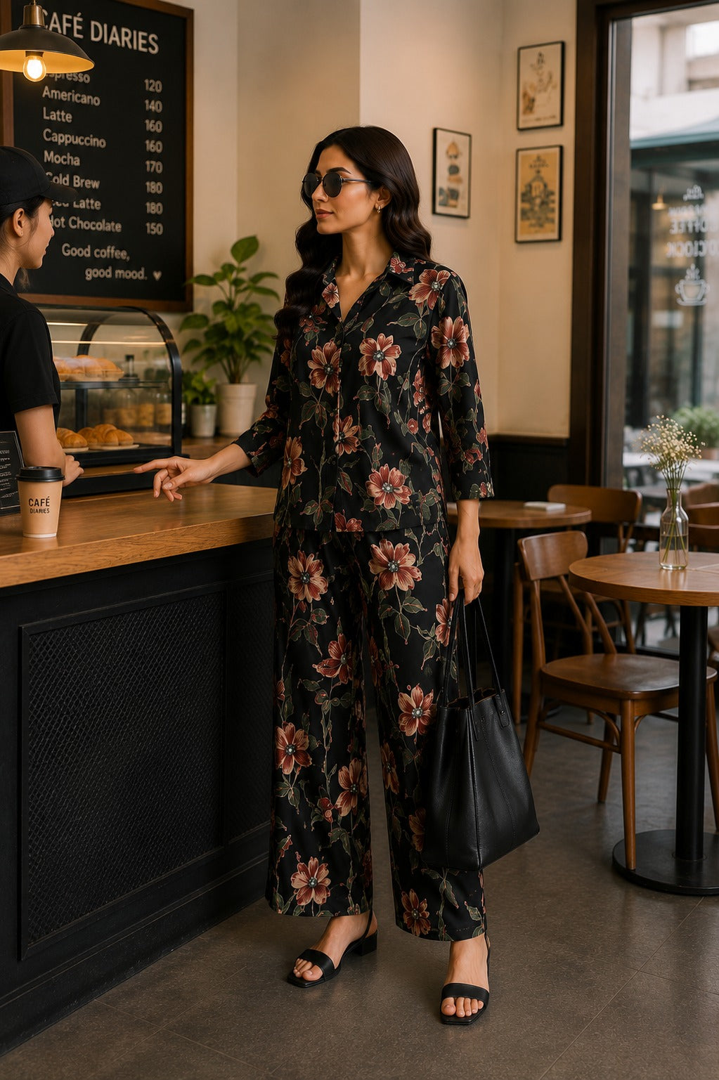 Black Garden Floral Shirt & Palazzo Co-Ord Set