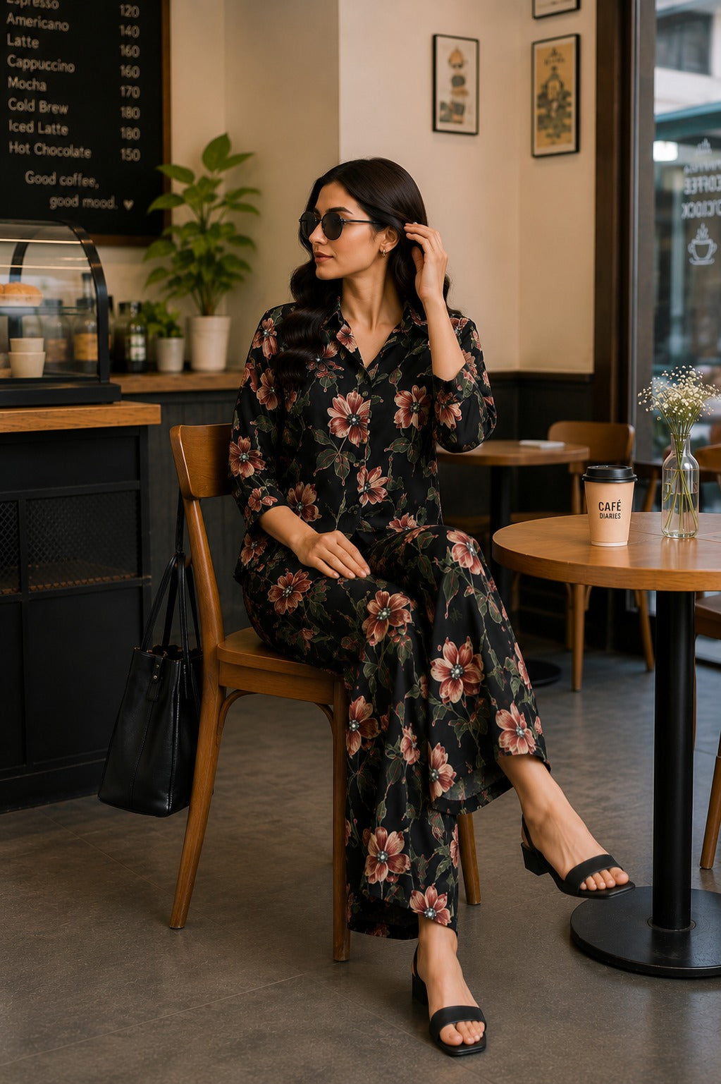 Black Garden Floral Shirt & Palazzo Co-Ord Set