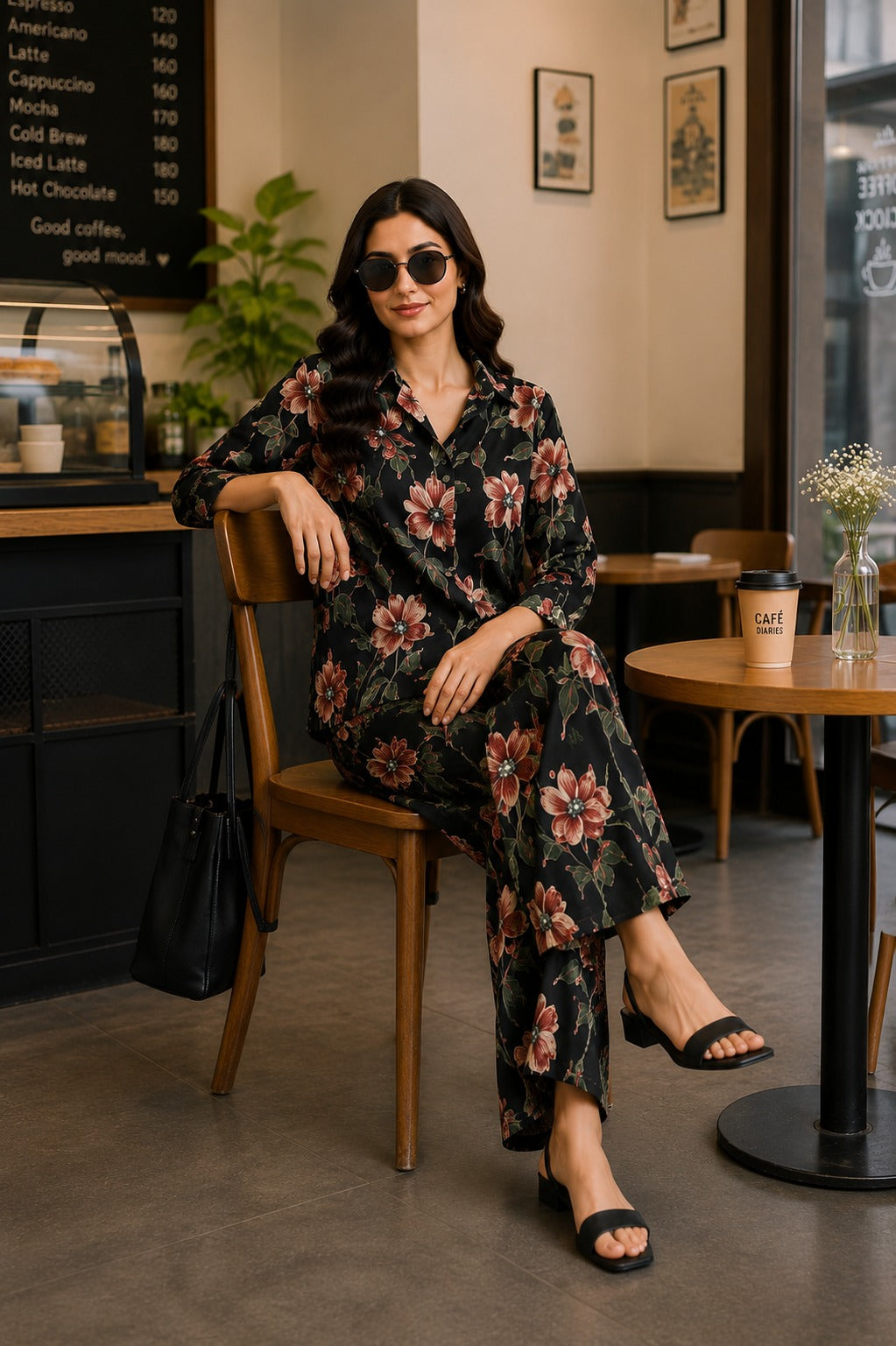 Black Garden Floral Shirt & Palazzo Co-Ord Set