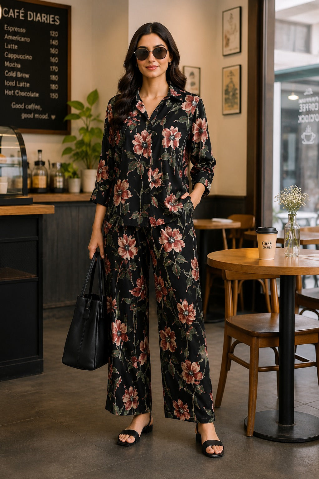 Black Garden Floral Shirt & Palazzo Co-Ord Set