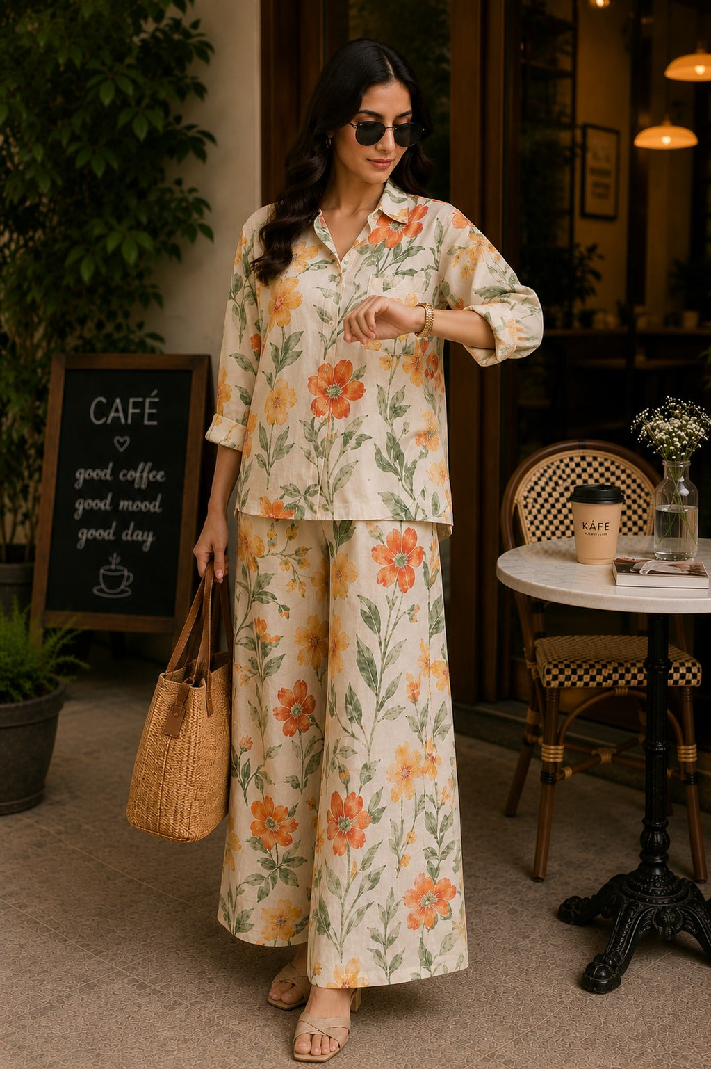 Sunset Bloom Floral Shirt & Palazzo Co-Ord Set