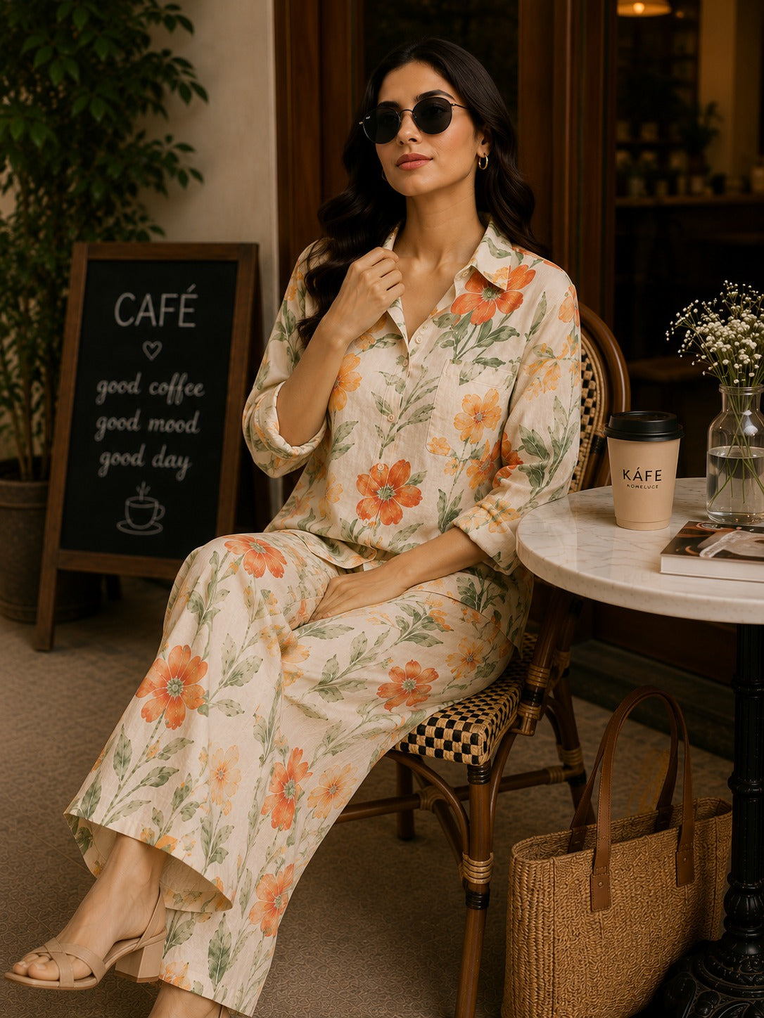Sunset Bloom Floral Shirt & Palazzo Co-Ord Set