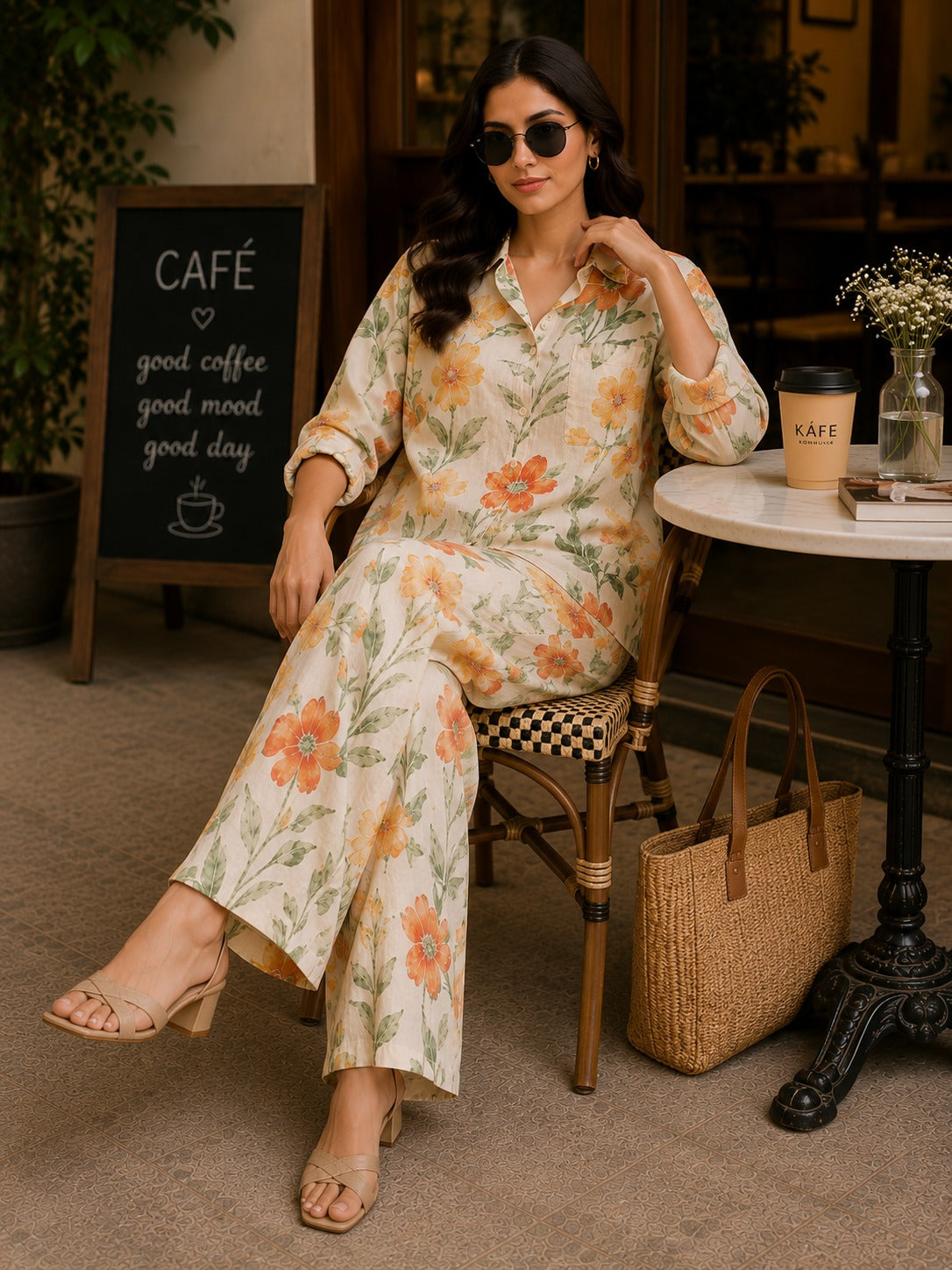 Sunset Bloom Floral Shirt & Palazzo Co-Ord Set