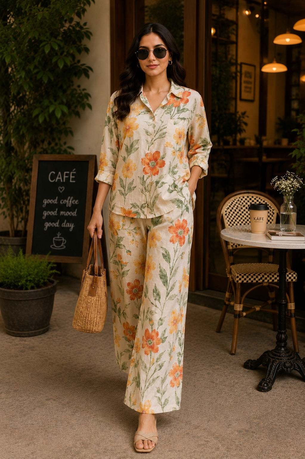 Sunset Bloom Floral Shirt & Palazzo Co-Ord Set