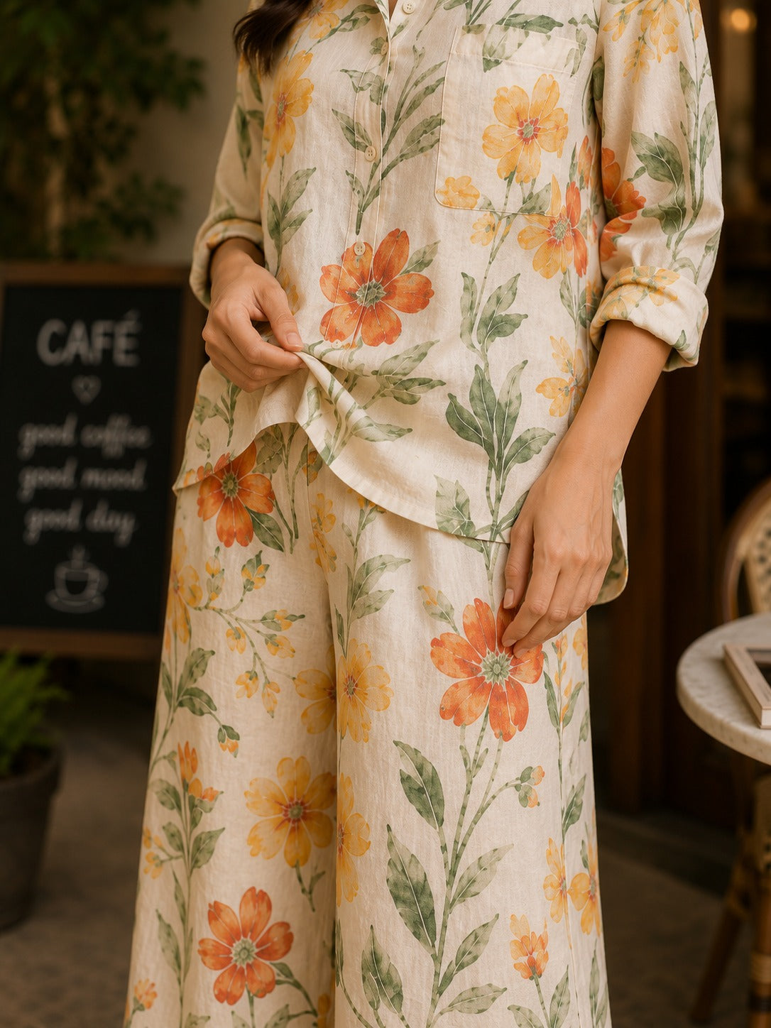 Sunset Bloom Floral Shirt & Palazzo Co-Ord Set