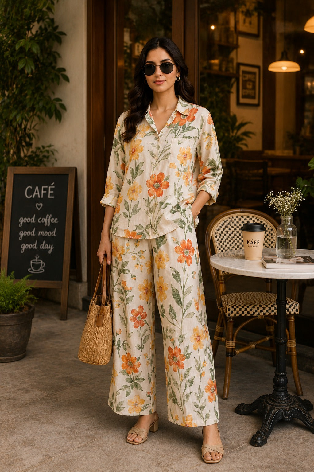 Sunset Bloom Floral Shirt & Palazzo Co-Ord Set