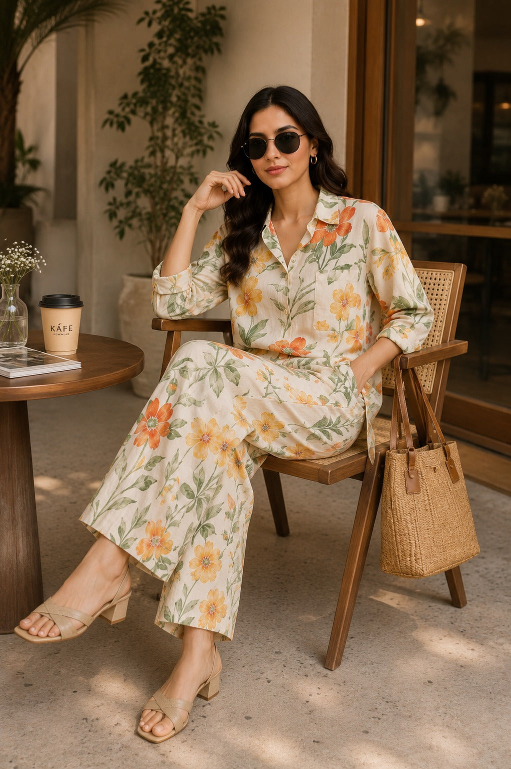 Sunset Bloom Floral Shirt & Palazzo Co-Ord Set