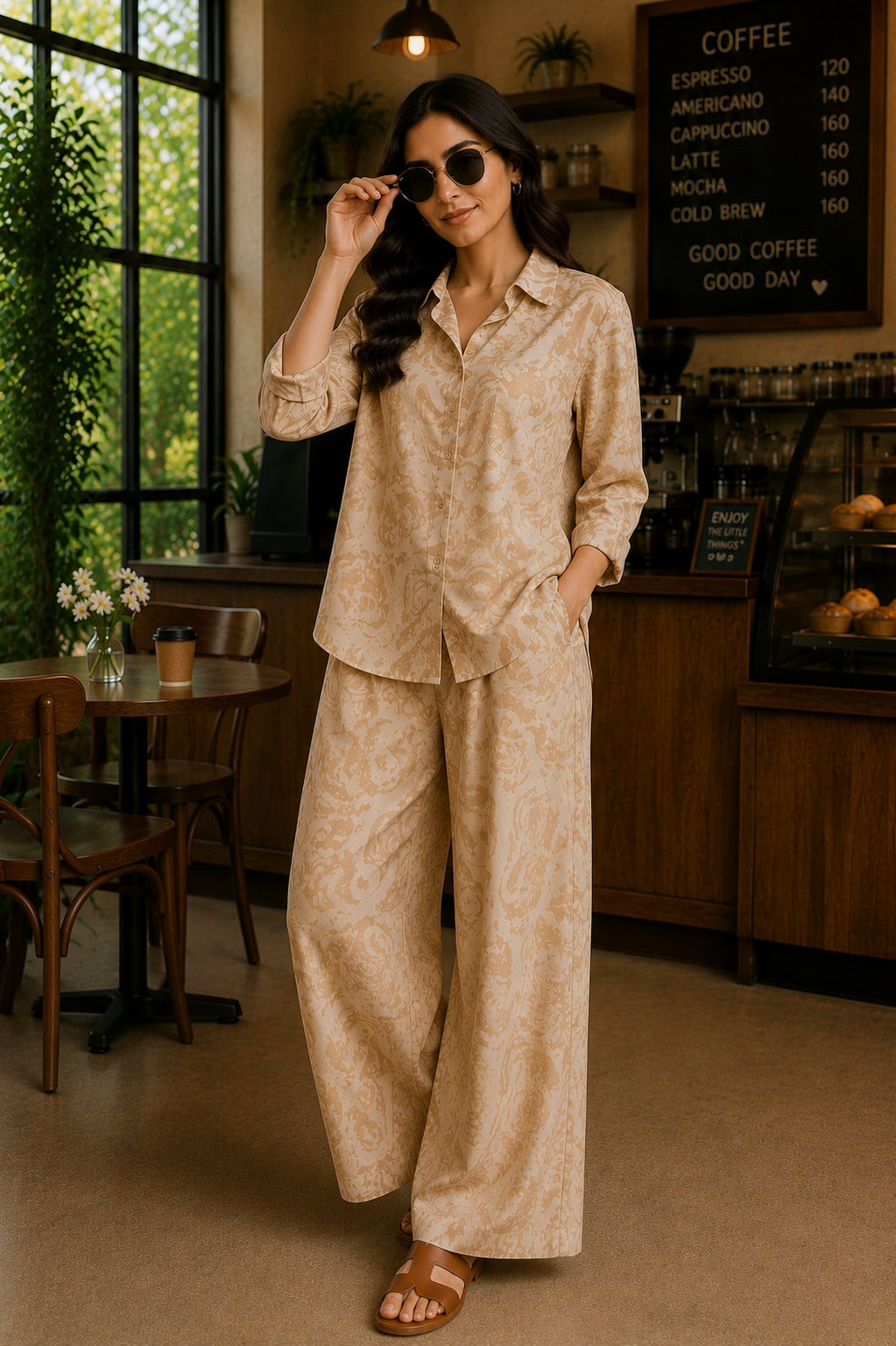 Minimal Beige Printed Shirt & Palazzo Co-Ord Set