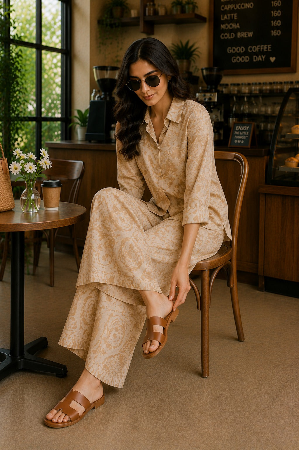 Minimal Beige Printed Shirt & Palazzo Co-Ord Set