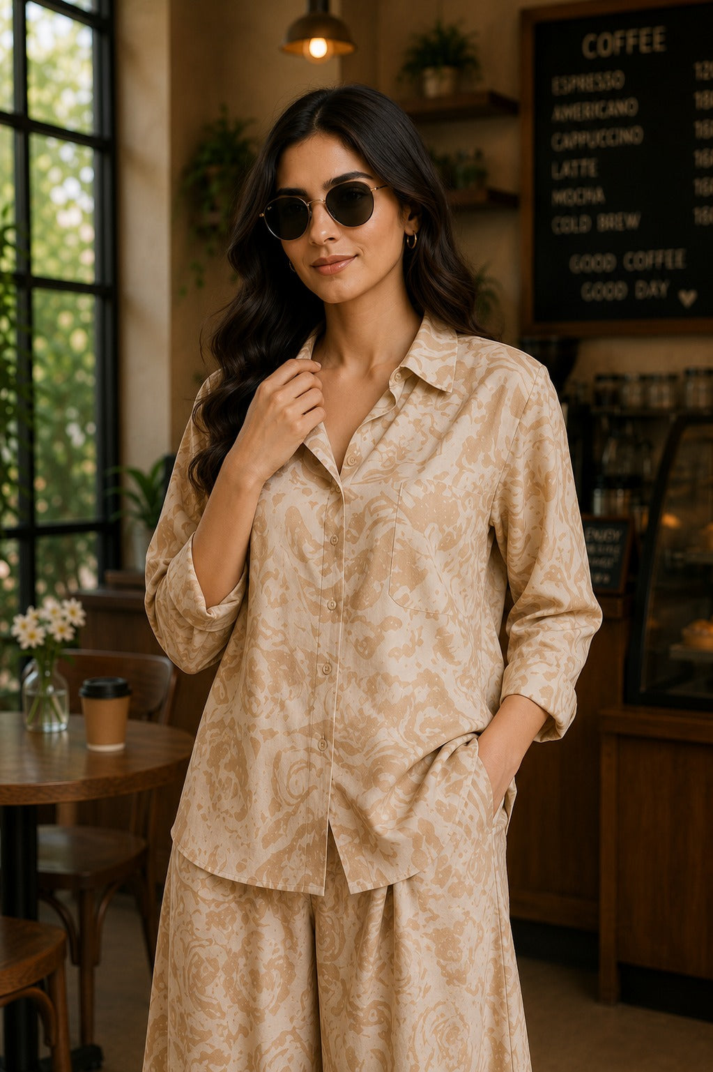 Minimal Beige Printed Shirt & Palazzo Co-Ord Set