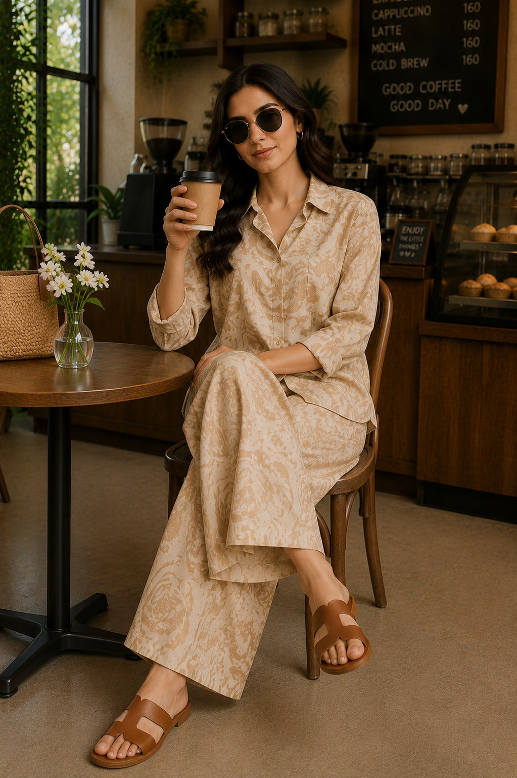 Minimal Beige Printed Shirt & Palazzo Co-Ord Set