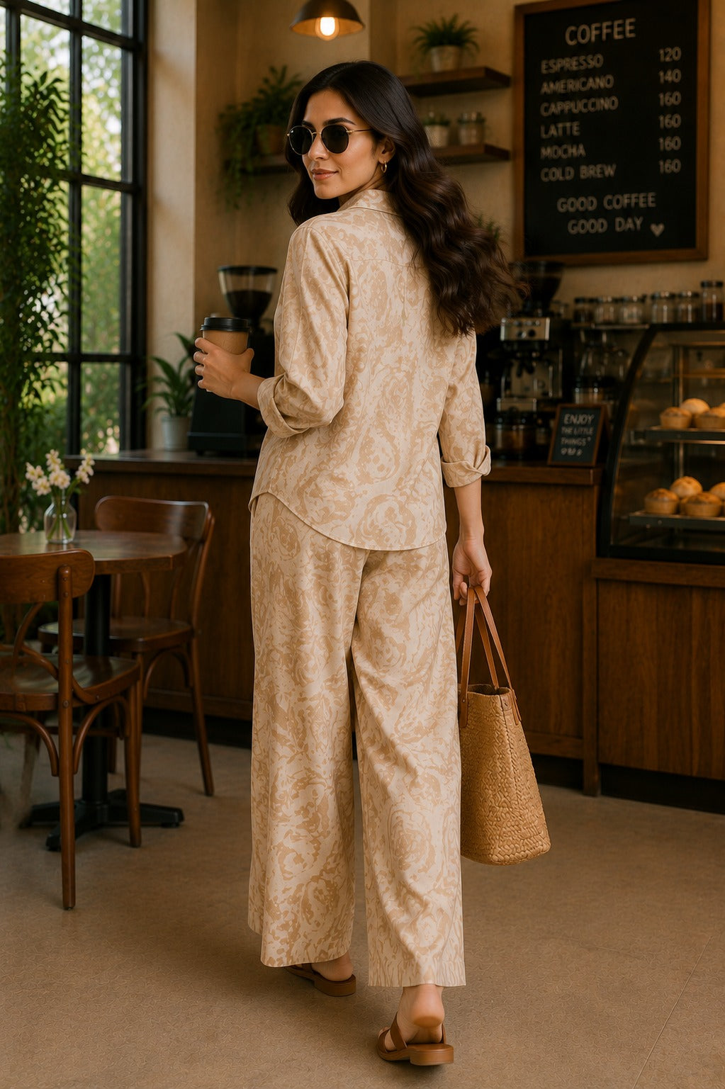 Minimal Beige Printed Shirt & Palazzo Co-Ord Set