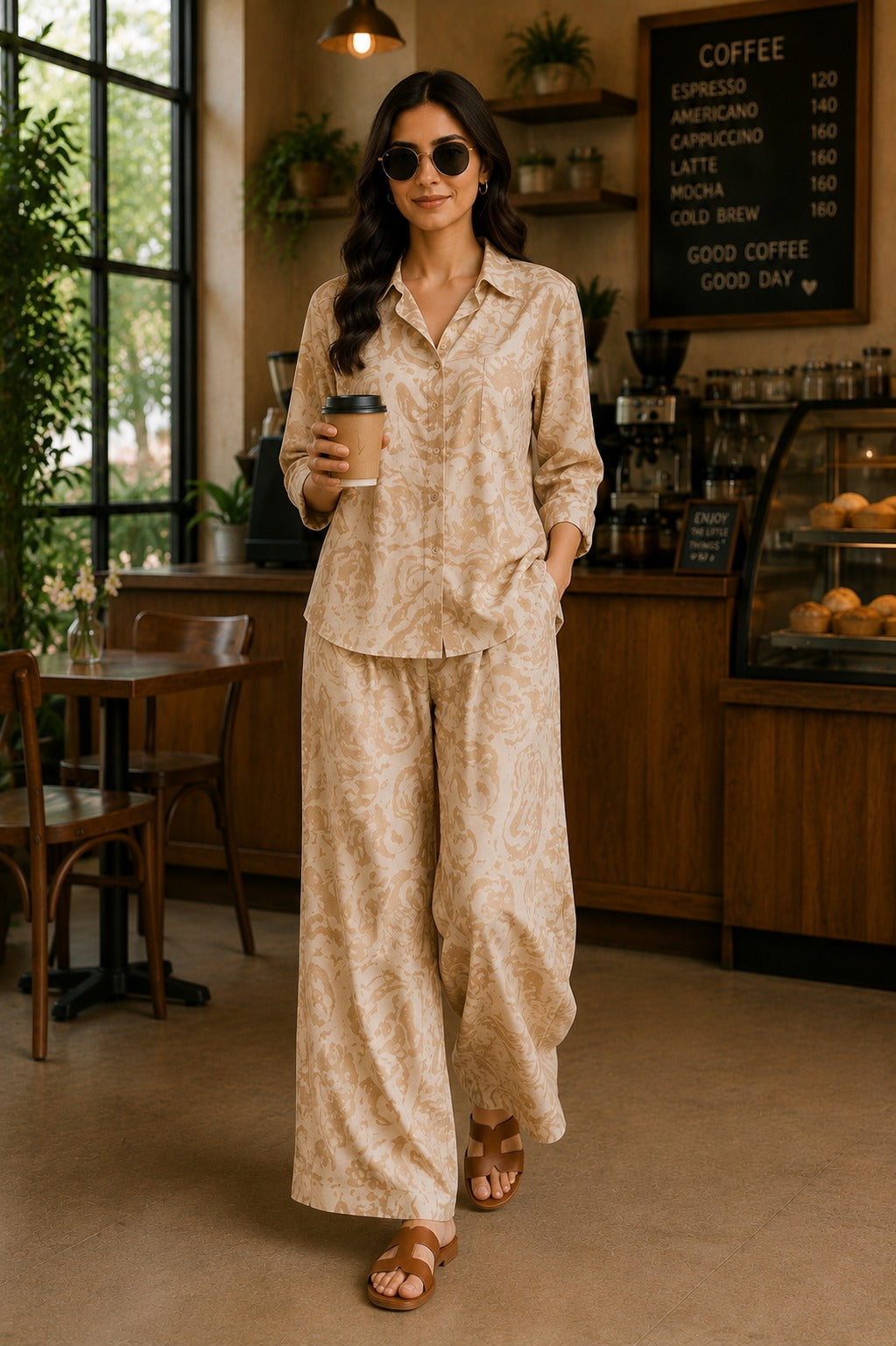 Minimal Beige Printed Shirt & Palazzo Co-Ord Set