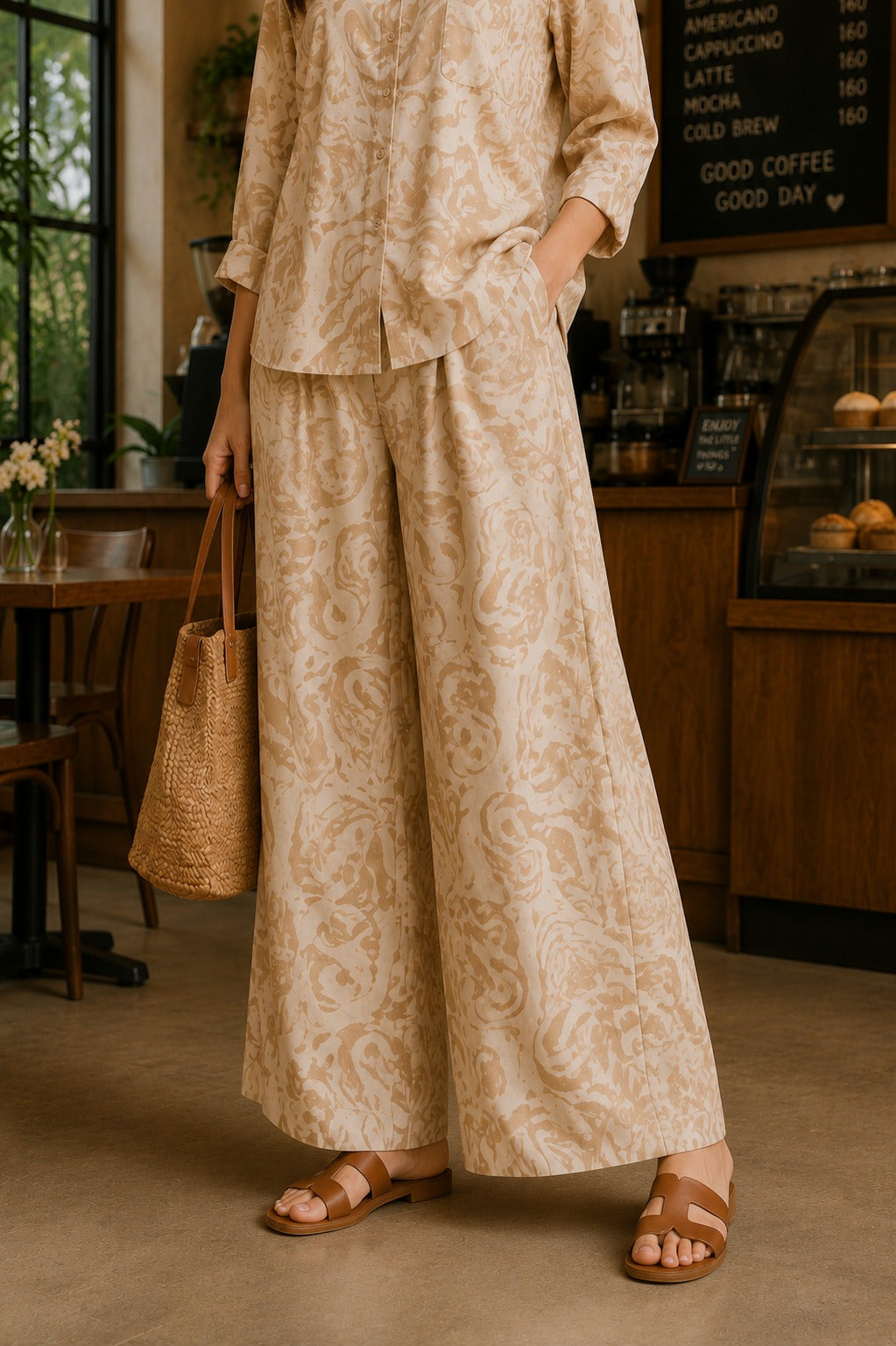 Minimal Beige Printed Shirt & Palazzo Co-Ord Set