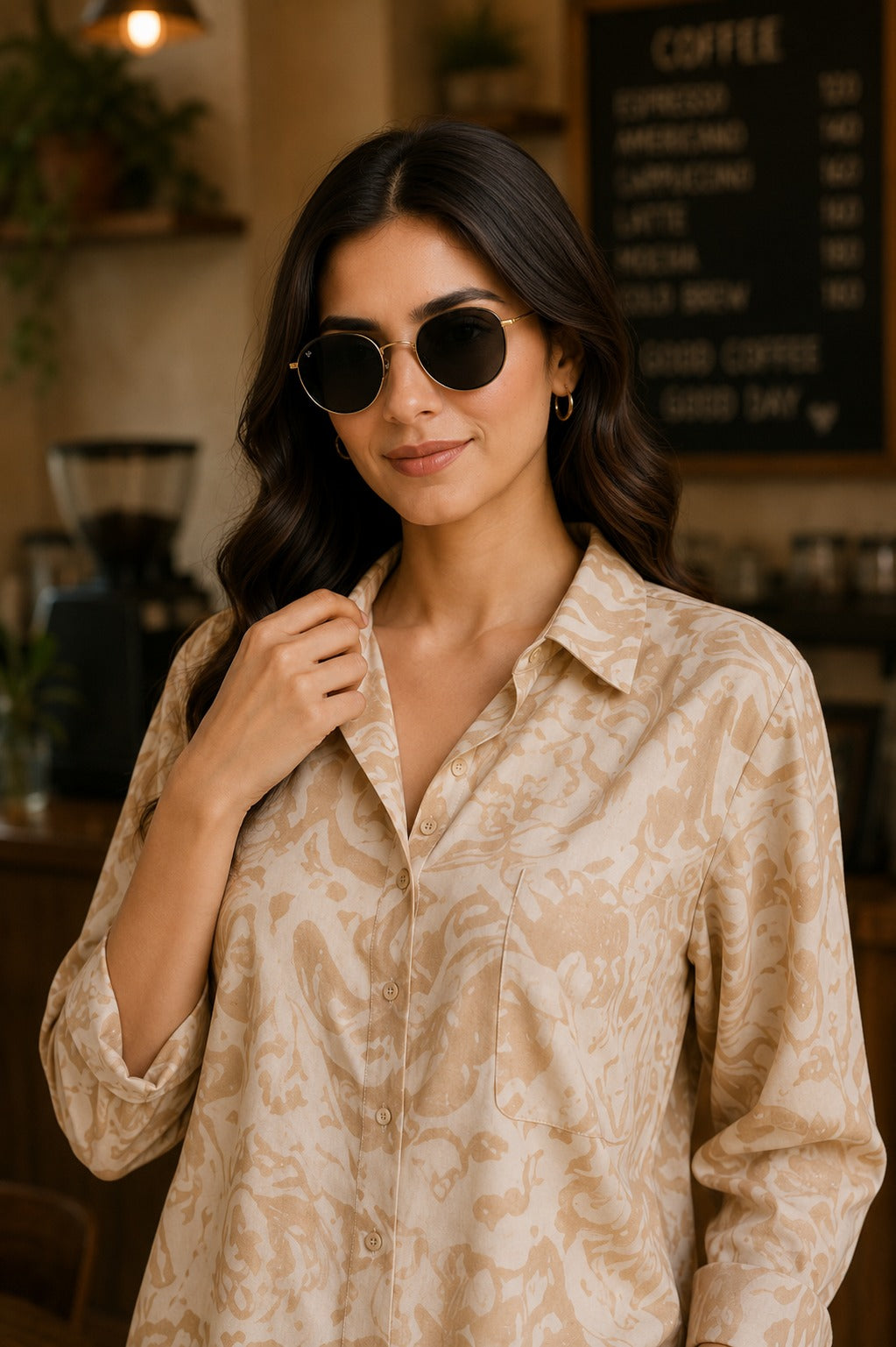Minimal Beige Printed Shirt & Palazzo Co-Ord Set