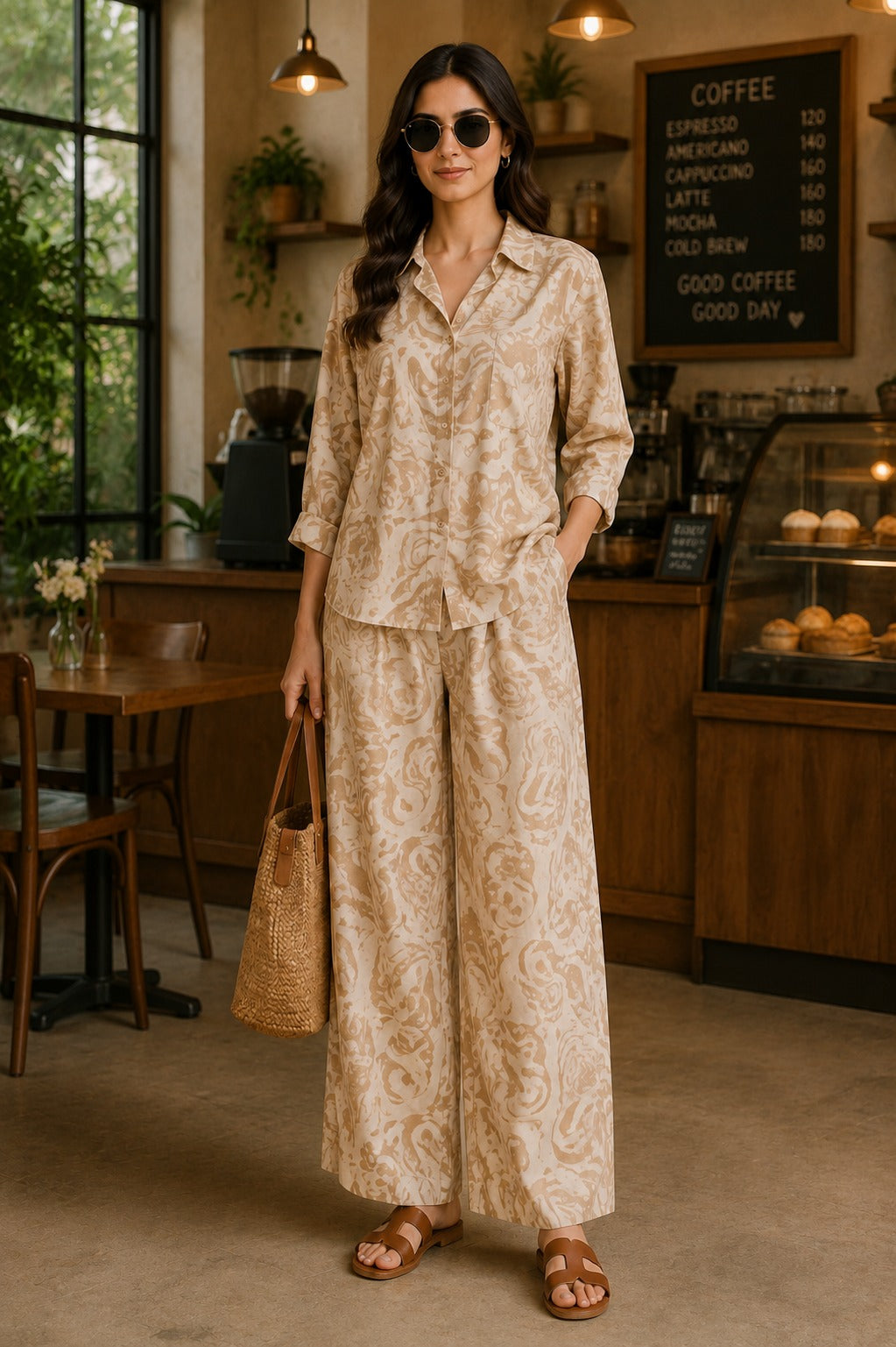Minimal Beige Printed Shirt & Palazzo Co-Ord Set