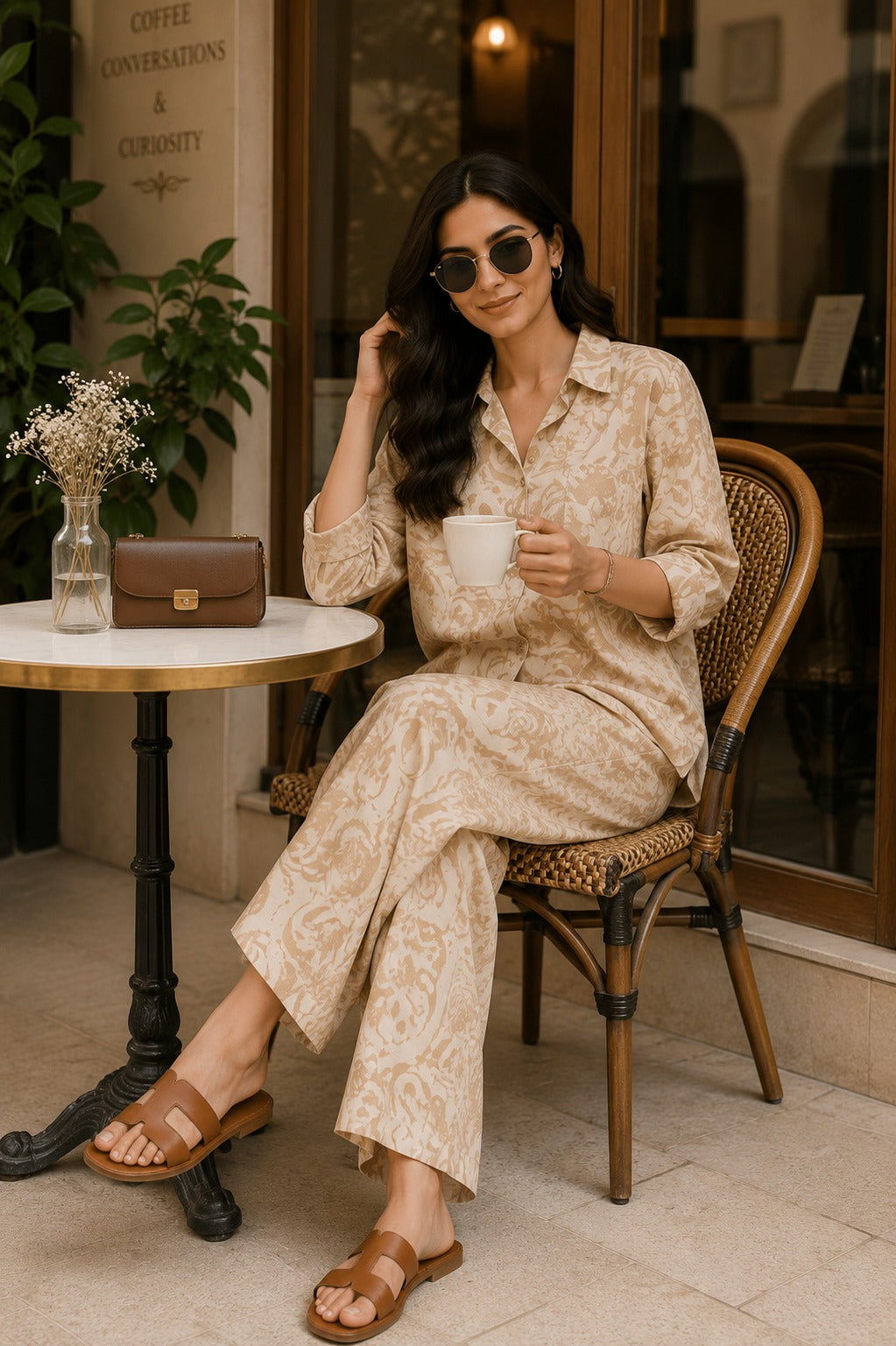 Minimal Beige Printed Shirt & Palazzo Co-Ord Set