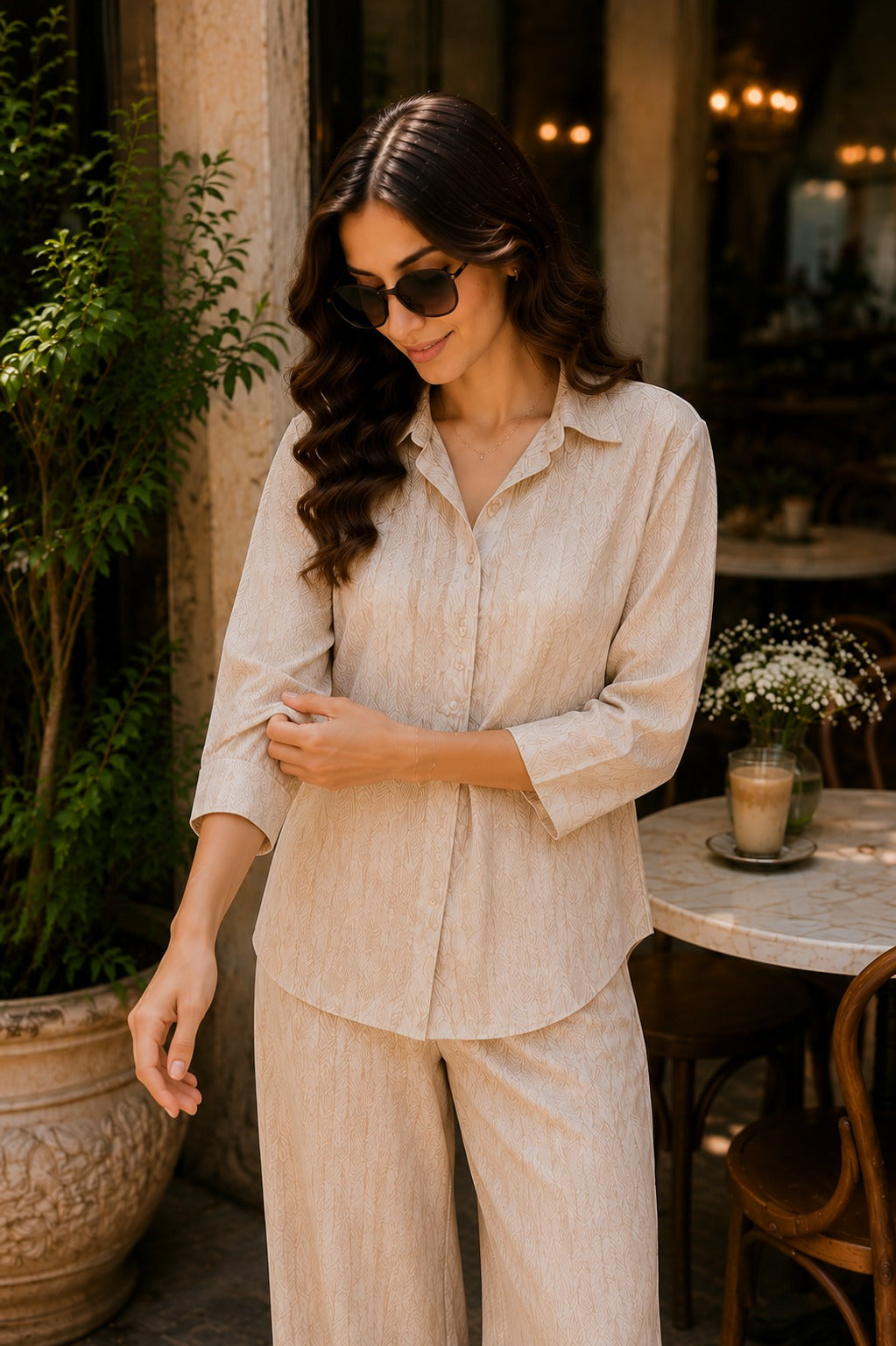 Beige Abstract Printed Shirt & Palazzo Co-Ord Set