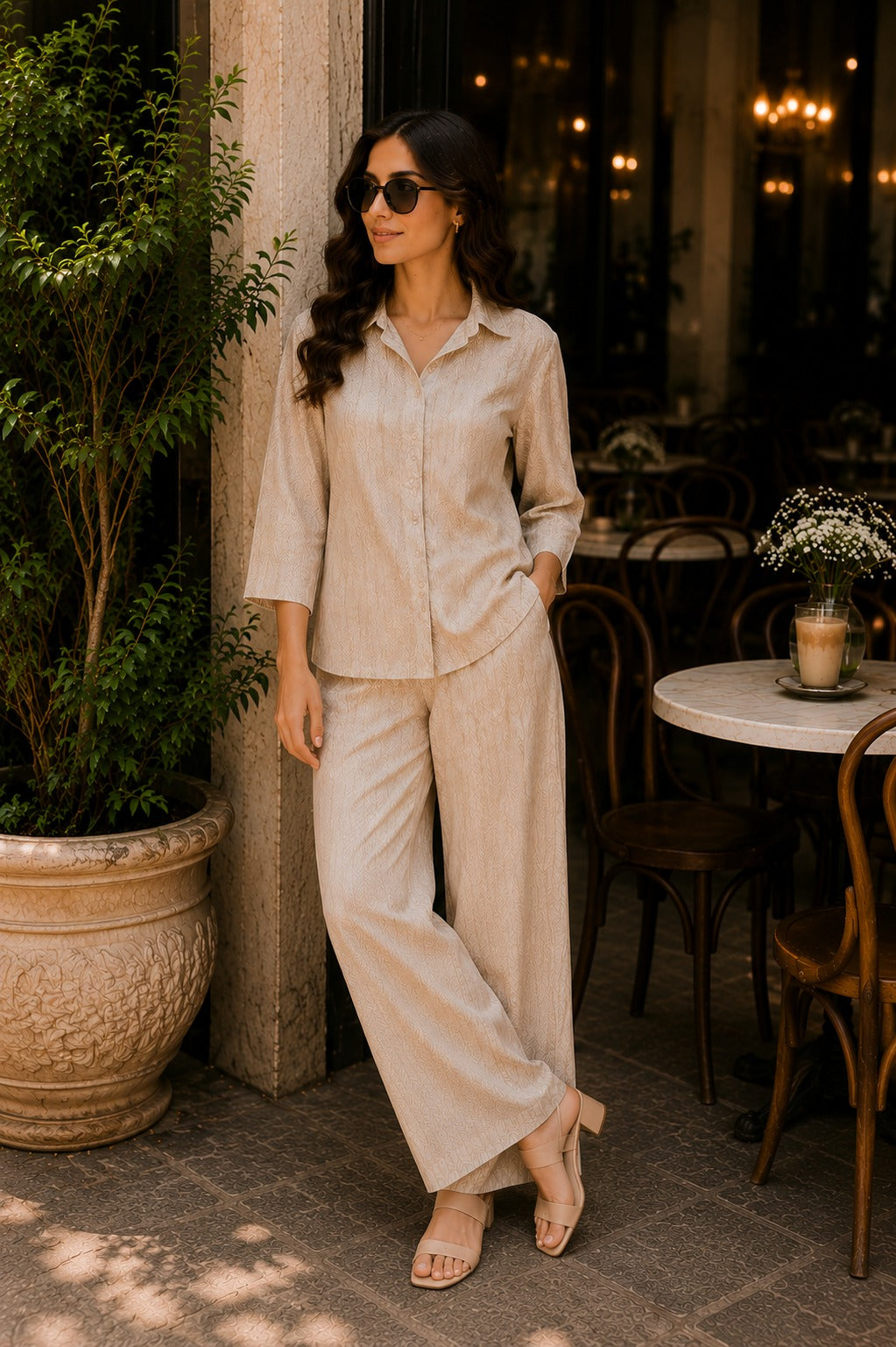 Beige Abstract Printed Shirt & Palazzo Co-Ord Set