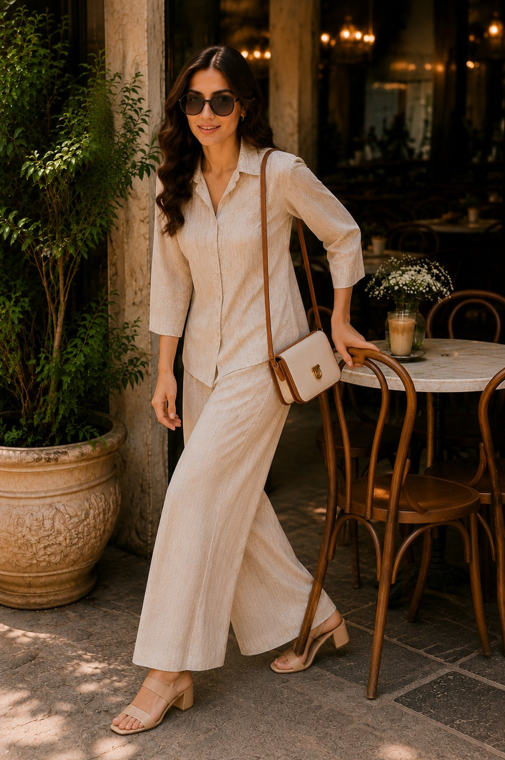 Beige Abstract Printed Shirt & Palazzo Co-Ord Set