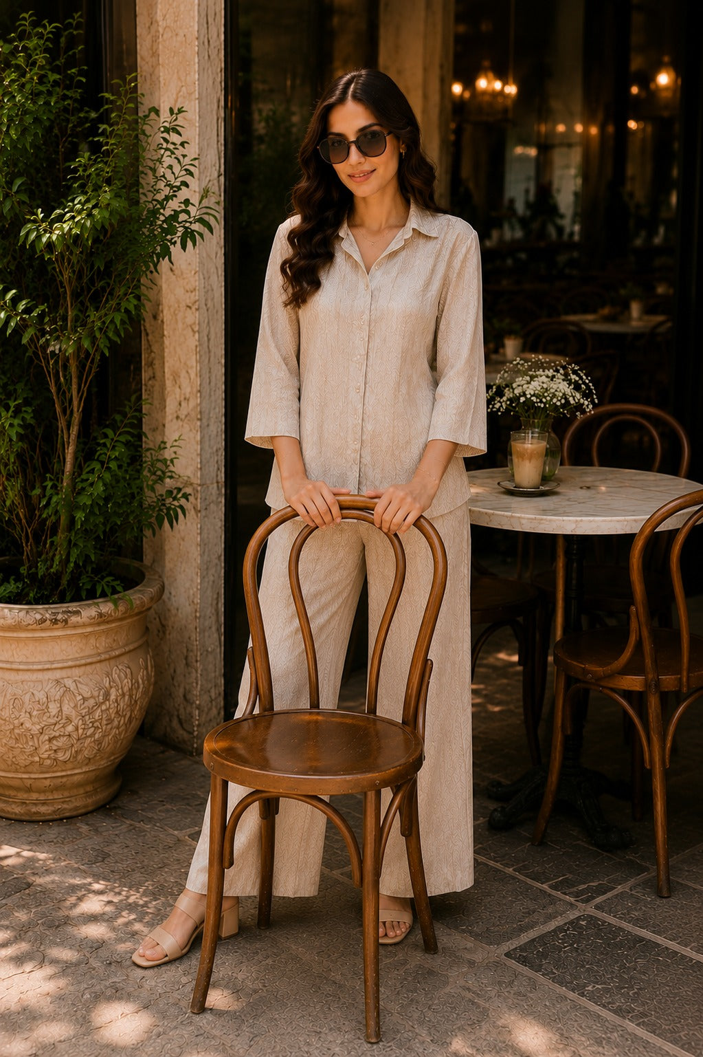Beige Abstract Printed Shirt & Palazzo Co-Ord Set